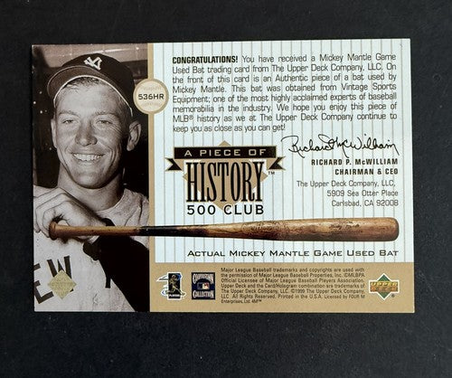 1999 Upper Deck Mickey Mantle A Piece of History 500 Game Used Bat HOF The Mick