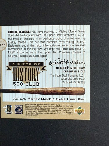 1999 Upper Deck Mickey Mantle A Piece of History 500 Game Used Bat HOF The Mick