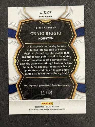 Craig Biggio 2023 Select Signatures Refractor Auto S-CB Houston Astros /49 HOF