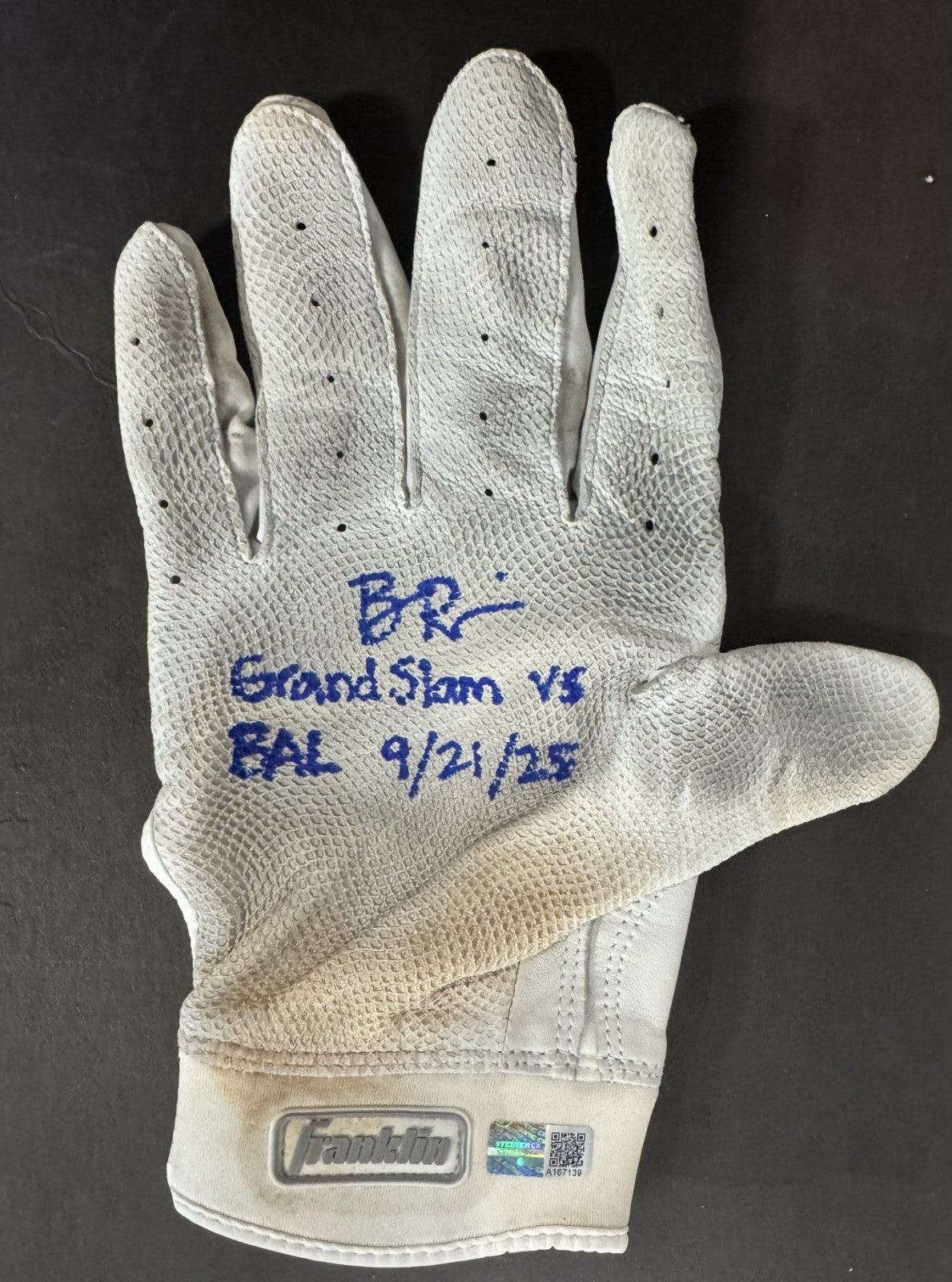 Ben Rice Signed Franklin Game Used Batting Gloves Grand Slam Yankees Auto CX COA