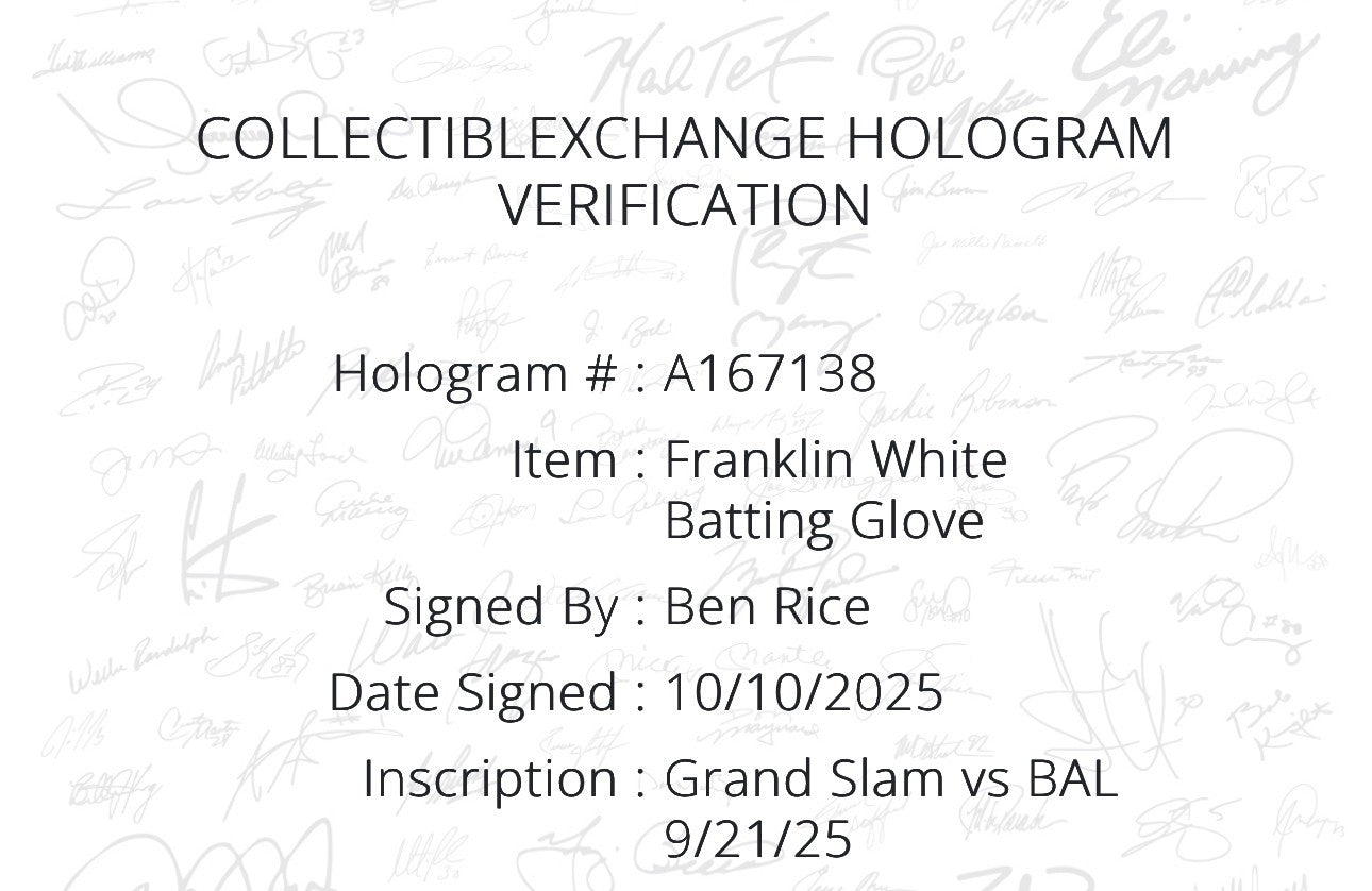 Ben Rice Signed Franklin Game Used Batting Gloves Grand Slam Yankees Auto CX COA