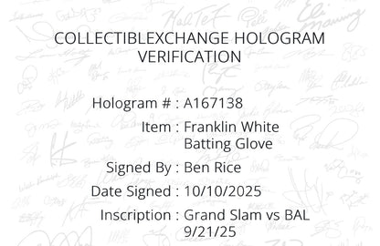 Ben Rice Signed Franklin Game Used Batting Gloves Grand Slam Yankees Auto CX COA