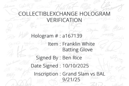 Ben Rice Signed Franklin Game Used Batting Gloves Grand Slam Yankees Auto CX COA