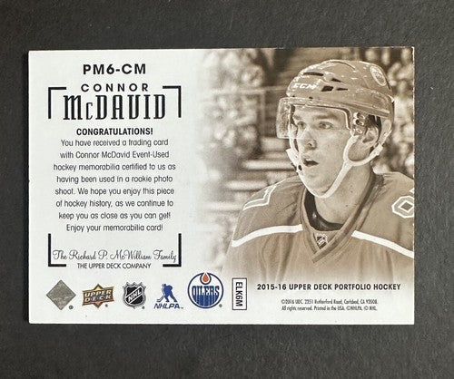 2015-16 Connor McDavid Rookie Upper Deck Portfolio Profiles 6 Jersey Patch Rc