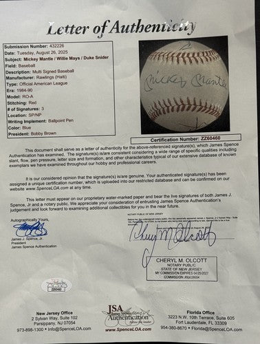 MICKEY MANTLE WILLIE MAYS DUKE SNIDER Signed Official A.L Baseball Auto JSA LOA