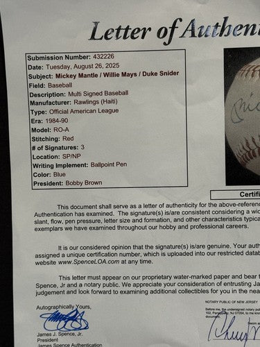 MICKEY MANTLE WILLIE MAYS DUKE SNIDER Signed Official A.L Baseball Auto JSA LOA