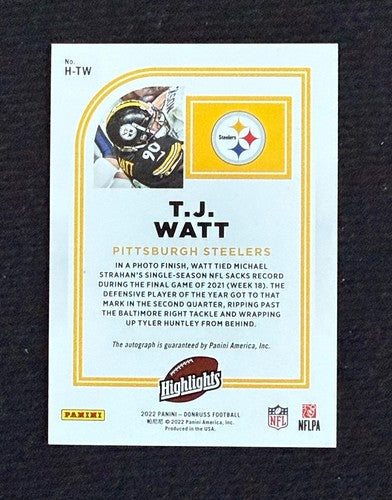2022 Panini Donruss T.J. Watt Highlights Mint Auto /49 Steelers Mint Card