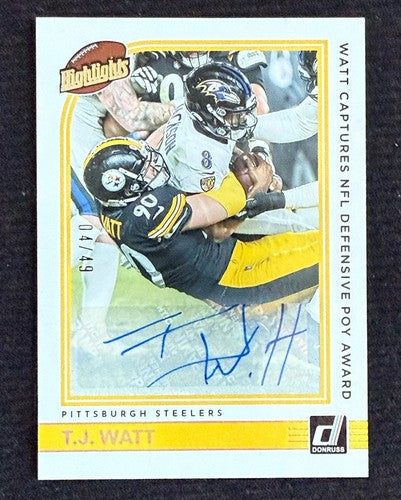 2022 Panini Donruss T.J. Watt Highlights Mint Auto /49 Steelers Mint Card