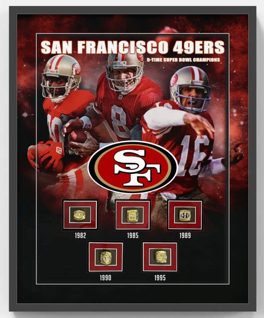 San Francisco 49ers 3D Framed Super Bowl Rings Photo Shadowbox Montana Rice HOF