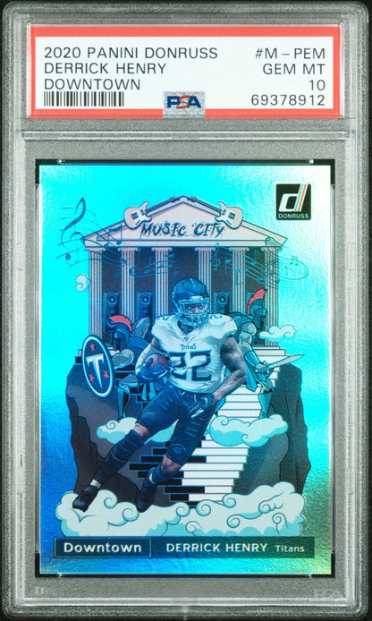 2020 PANINI DONRUSS DOWNTOWN DERRICK HENRY #M-PEM PSA 10 GEM MINT TITANS RAVENS