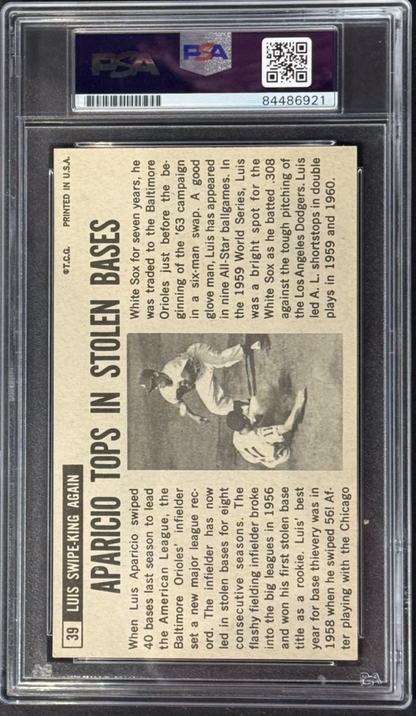 1964 Topps Giants Signed Luis Aparicio #39 Orioles PSA 10 Gem Mint Auto HOF