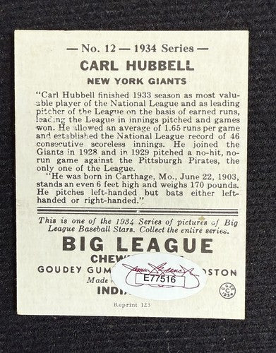 Carl Hubbell Hand Signed 1934 Goudey Reprint Mint HOF Auto Jsa Coa