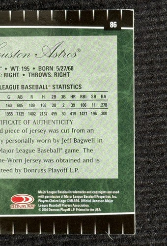 2004 Jeff Bagwell LEAF CERTIFIED CUTS EMERALD Game Worn JERSEY Patch AUTO /5 HOF