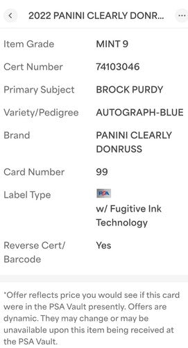 2022 Clearly Donruss #99 Brock Purdy Signed Rookie Blue Auto /99 PSA 9 Mint Rc