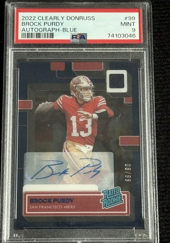 2022 Clearly Donruss #99 Brock Purdy Signed Rookie Blue Auto /99 PSA 9 Mint Rc