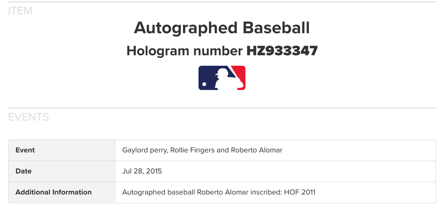 Roberto Alomar Signed Official Baseball HOF 2011 Auto MLB Holo & Steiner COA