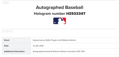 Roberto Alomar Signed Official Baseball HOF 2011 Auto MLB Holo & Steiner COA
