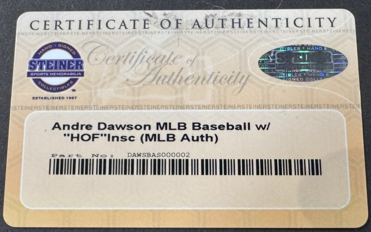 Andre Dawson Cubs Signed Official Baseball HOF 2010 Auto MLB Holo & Steiner COA