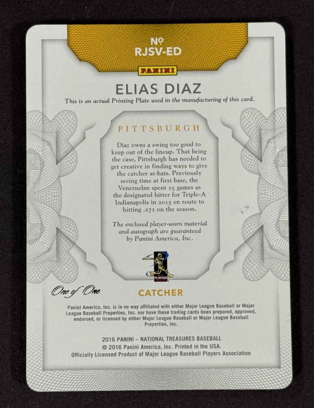 2016 Panini National Treasures Elias Diaz RPA One Of One Printing Plate Pirates