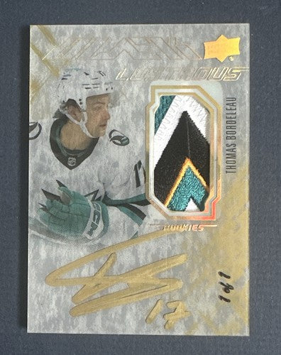 2022-23 UD Spx Black Lustrous Rookies 1/1 Patch AUTO Thomas Bordeleau Sharks