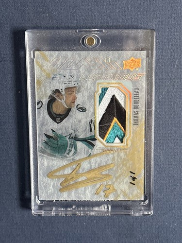 2022-23 UD Spx Black Lustrous Rookies 1/1 Patch AUTO Thomas Bordeleau Sharks
