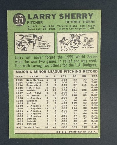 1967 Topps #571 Larry Sherry High # Detroit Tigers Ex Nice Card