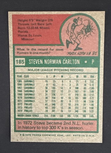 1975 TOPPS BASEBALL SET BREAK 185 STEVE CARLTON Phillies MINT SHARP  Pack Fresh