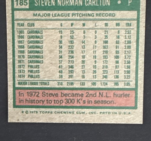 1975 TOPPS BASEBALL SET BREAK 185 STEVE CARLTON Phillies MINT SHARP  Pack Fresh