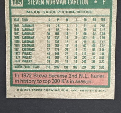 1975 TOPPS BASEBALL SET BREAK 185 STEVE CARLTON Phillies MINT SHARP  Pack Fresh