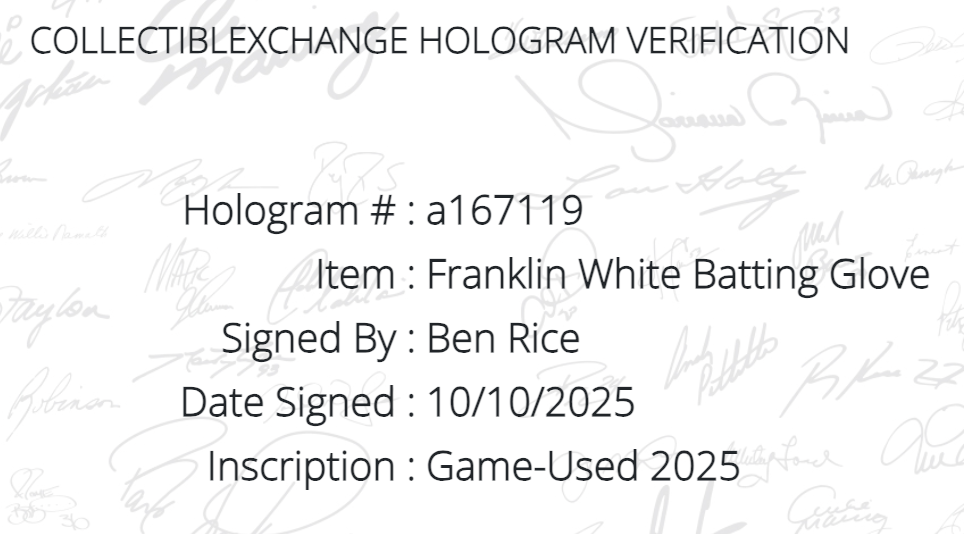 Ben Rice Yankees Signed Game Used Franklin Batting Gloves 2025 Auto Steiner COA