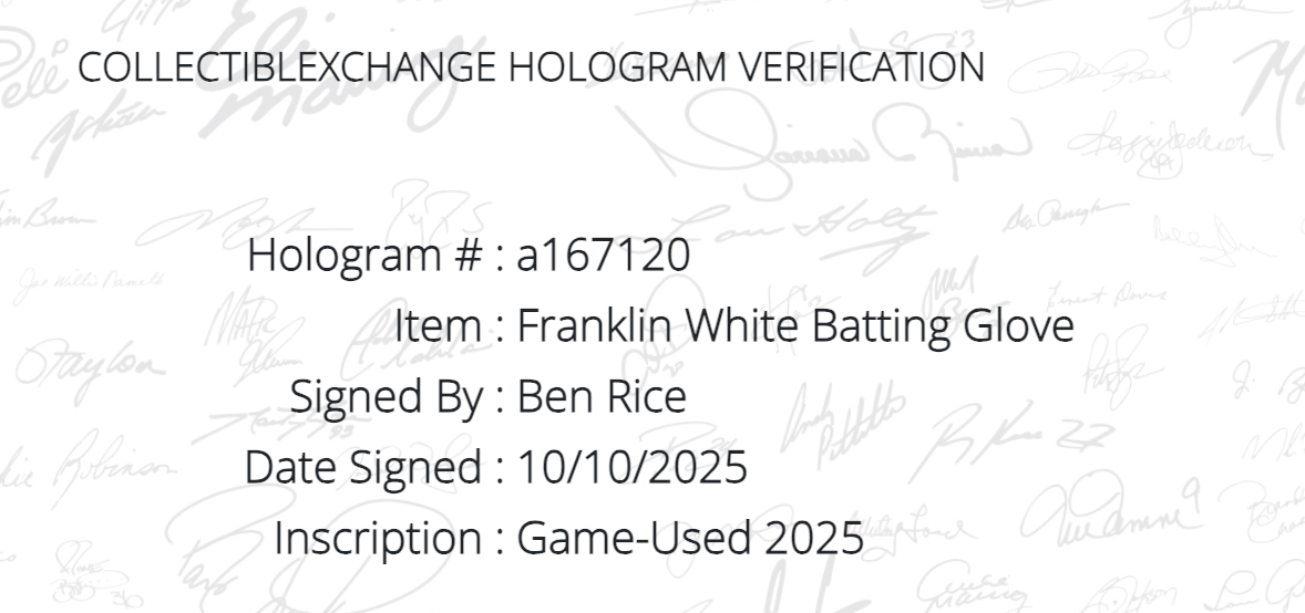 Ben Rice Yankees Signed Game Used Franklin Batting Gloves 2025 Auto Steiner COA