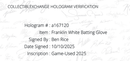 Ben Rice Yankees Signed Game Used Franklin Batting Gloves 2025 Auto Steiner COA