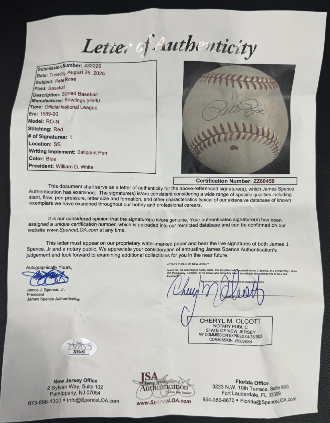Pete Rose Signed Official NL Baseball JSA Letter Loa Cincinnati Reds Auto