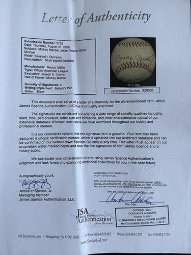 Jesse Owens & Mickey Mantle Signed A.L Joe Cronin Baseball Hof 1960’s Auto Jsa