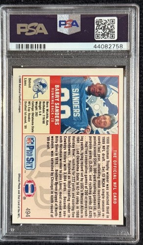 1989 Pro Set #494 Barry Sanders ROOKIE RC PSA 10 Gem Mint Graded HOF Football