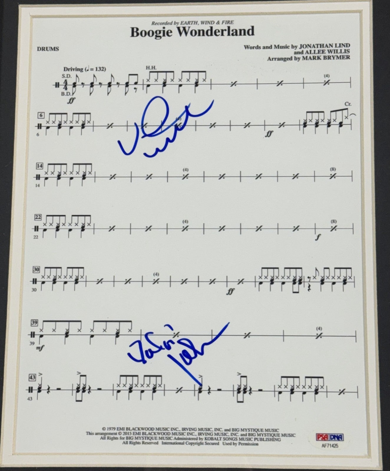 Earth Wind & Fire Boogie Wonderland Signed Sheet Music White Johnson Auto PSA