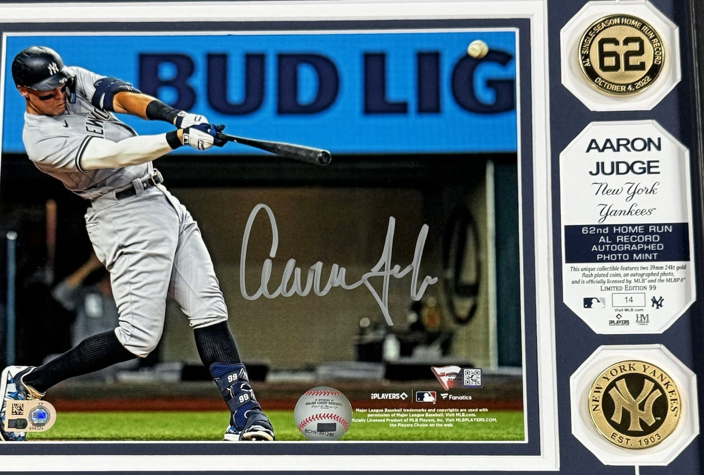 Aaron Judge Signed 8x10 Framed Photo Highland Mint Coin /99 Auto Mlb Fanatics