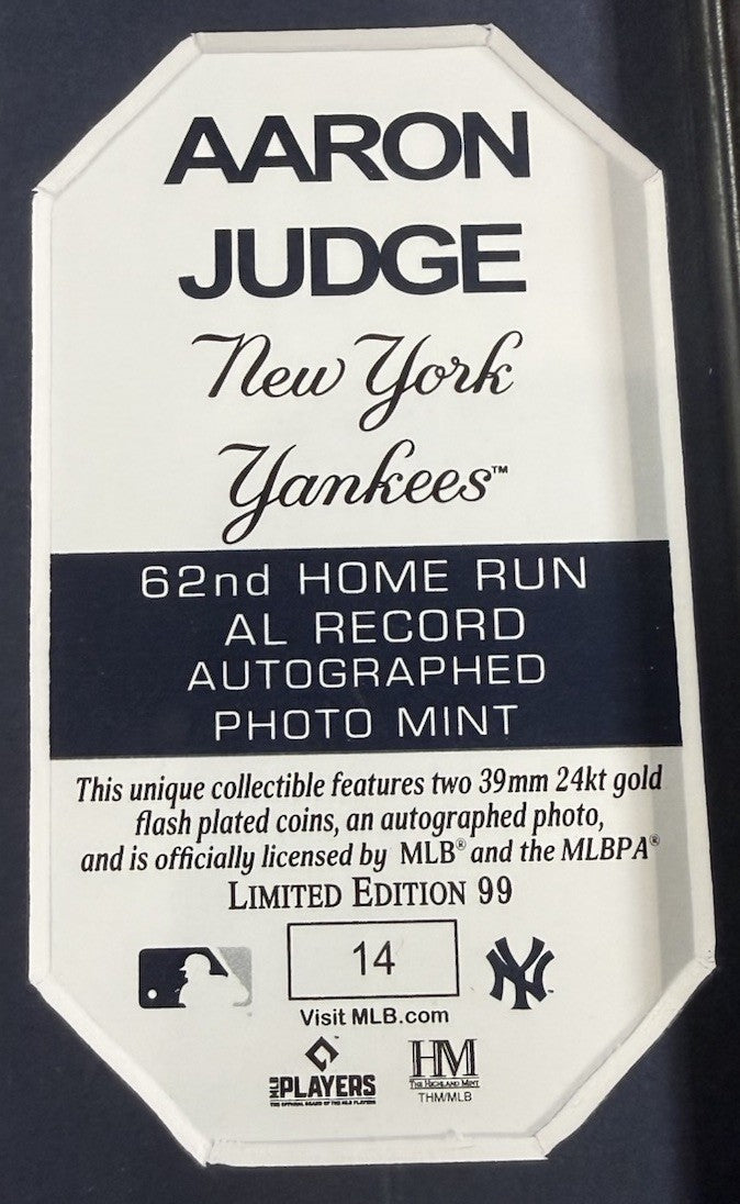 Aaron Judge Signed 8x10 Framed Photo Highland Mint Coin /99 Auto Mlb Fanatics