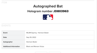 Harrison Bader Signed Victus Game Model Bat Auto MLB Holo COA SF Giants