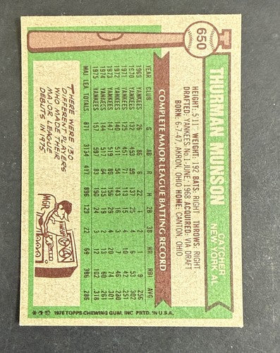 1976 Topps #650 Thurman Munson Dead Centered Beauty Yankees MVP Year Nm Near MT