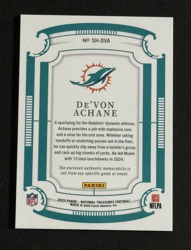 2025 National Treasures Platinum NFL SHIELD Patch 1/1 De’von Achane Dolphins MT