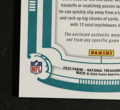 2025 National Treasures Platinum NFL SHIELD Patch 1/1 De’von Achane Dolphins MT
