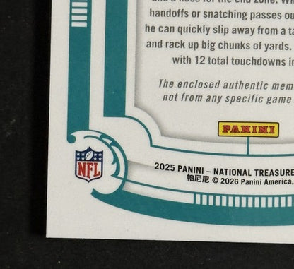 2025 National Treasures Platinum NFL SHIELD Patch 1/1 De’von Achane Dolphins MT