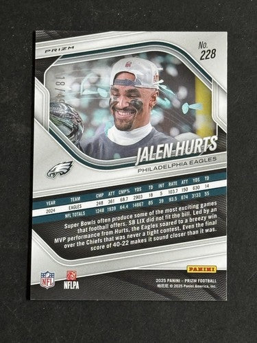 2025 Panini Prizm Purple Power Super Bowl MVP Variation Jalen Hurts /49 Mint 228