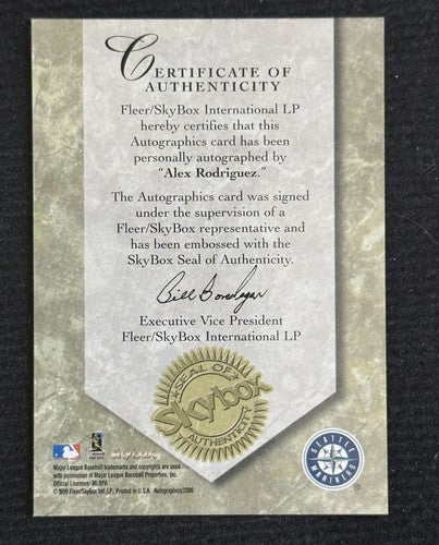 1999 Skybox Autographics Alex Rodriguez Signed Mariners Mint On Card Auto