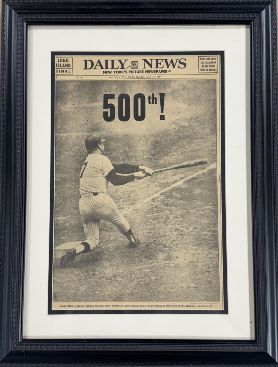 Mickey Mantle Ny Yankees 500th Hr Original Daily News Newspaper 5/14 1967 Framed