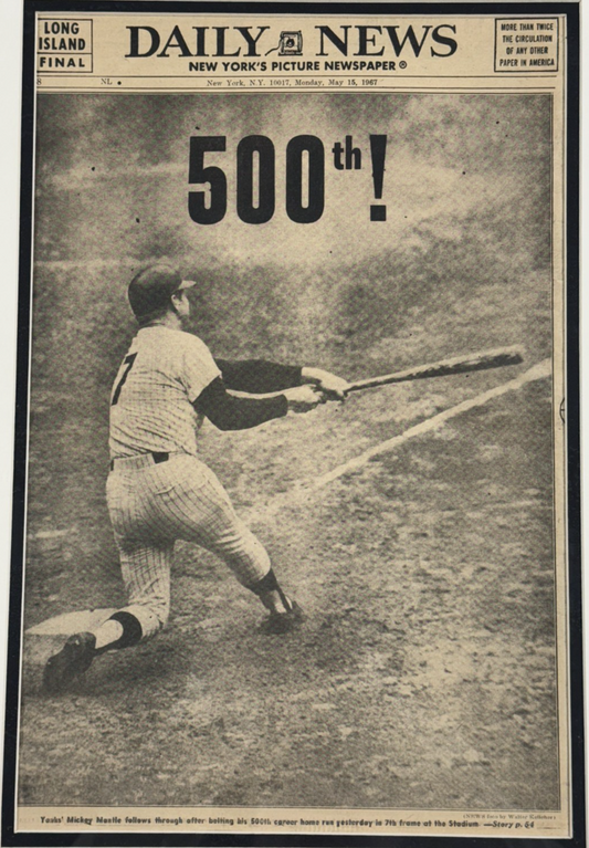 Mickey Mantle Ny Yankees 500th Hr Original Daily News Newspaper 5/14 1967 Framed