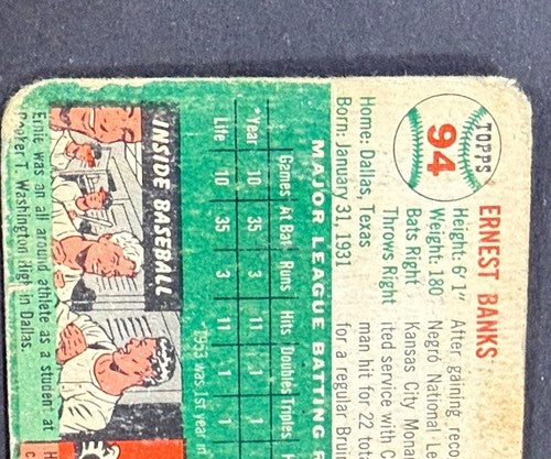 1954 TOPPS BASEBALL #94 ERNIE BANKS ROOKIE CARD Original Rc HOF Cubs