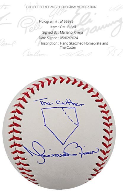 Mariano Rivera Signed MLB Baseball Hand Drawn The Cutter Auto Hof Steiner Coa
