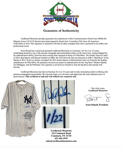 Derek Jeter Signed Majestic 2000 Hit Jersey LE 01/22 Auto AAC COA NY Yankees HOF